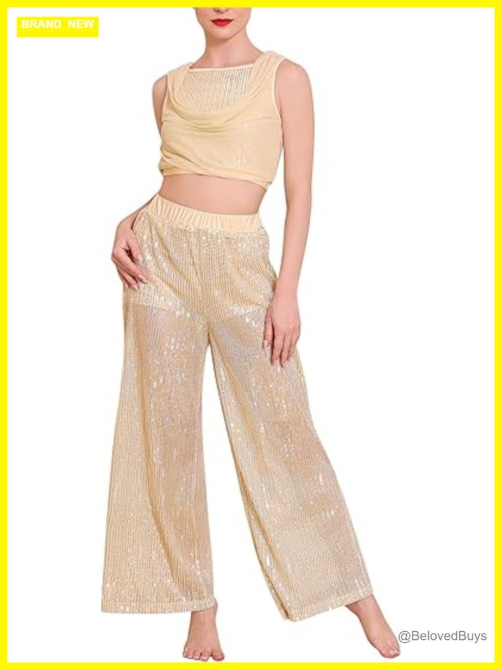 Lyrical Dance Costume 2-Piece Set Crop Top Wide Leg Sequin Pants